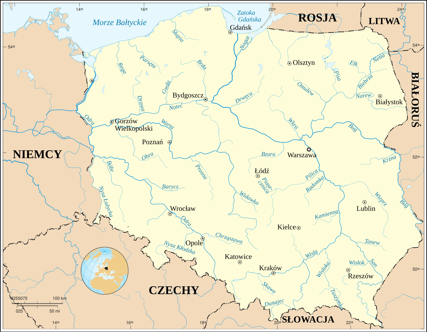 Mapa rzek Polski: Wisła, Odra, Warta, Bug, Narew, San i pozostałe rzeki wraz z miastami wojewódzkimi, granicami państwa i podziałką